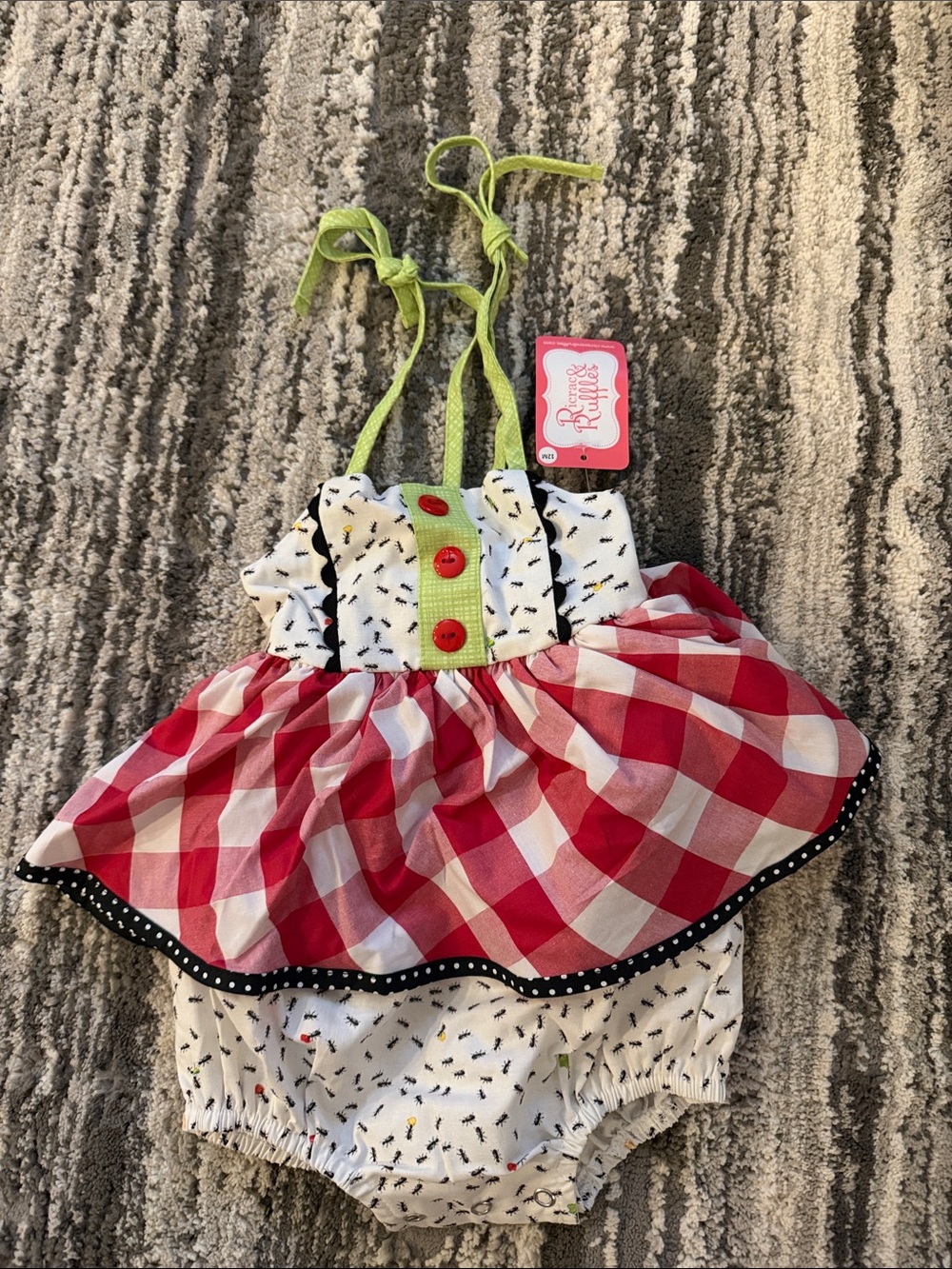 Girls Red Gingham Halter One-Piece Romper with Lime Accents